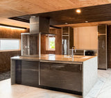 Modern island kitchen in family friendly Hokkaido villa perfect for group stay with kids